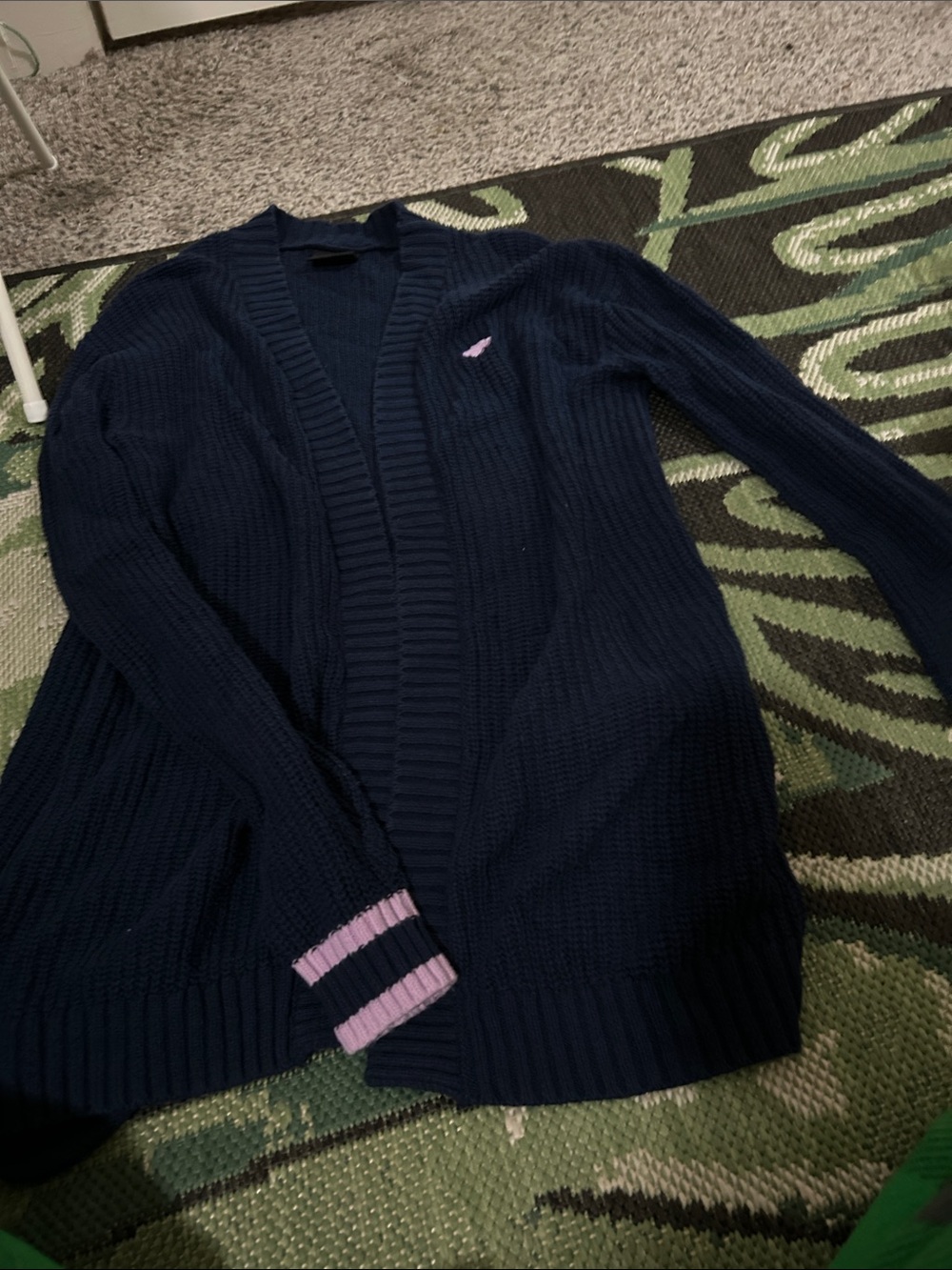 Girls/Womens Navy Open-Front Knit Cardigan with Pink Trim